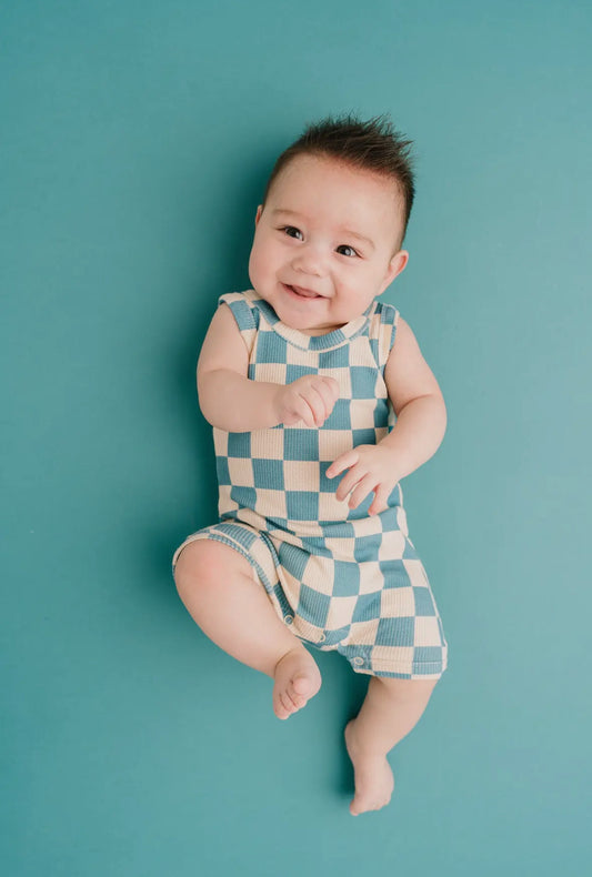 Blue Checkered Bamboo Romper W/ Snaps