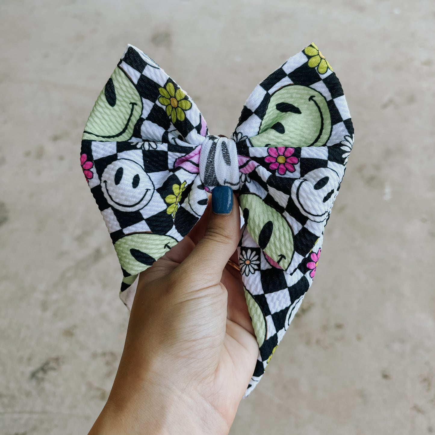 Checkered Neon Smiley's Bow