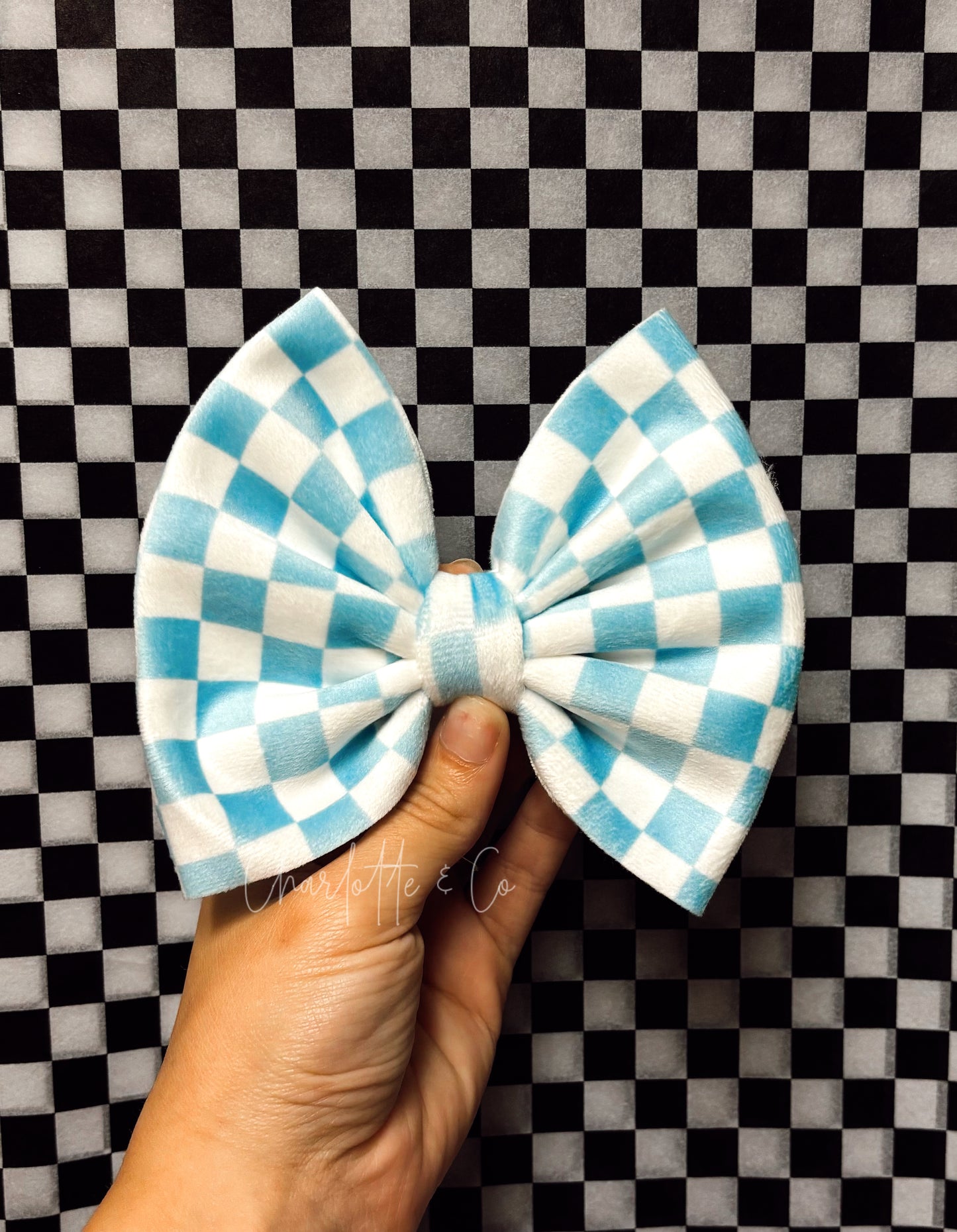 Blue Checkered Velvet Bow