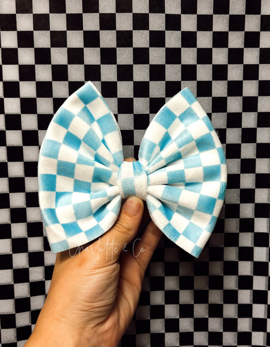 Blue Checkered Velvet Bow