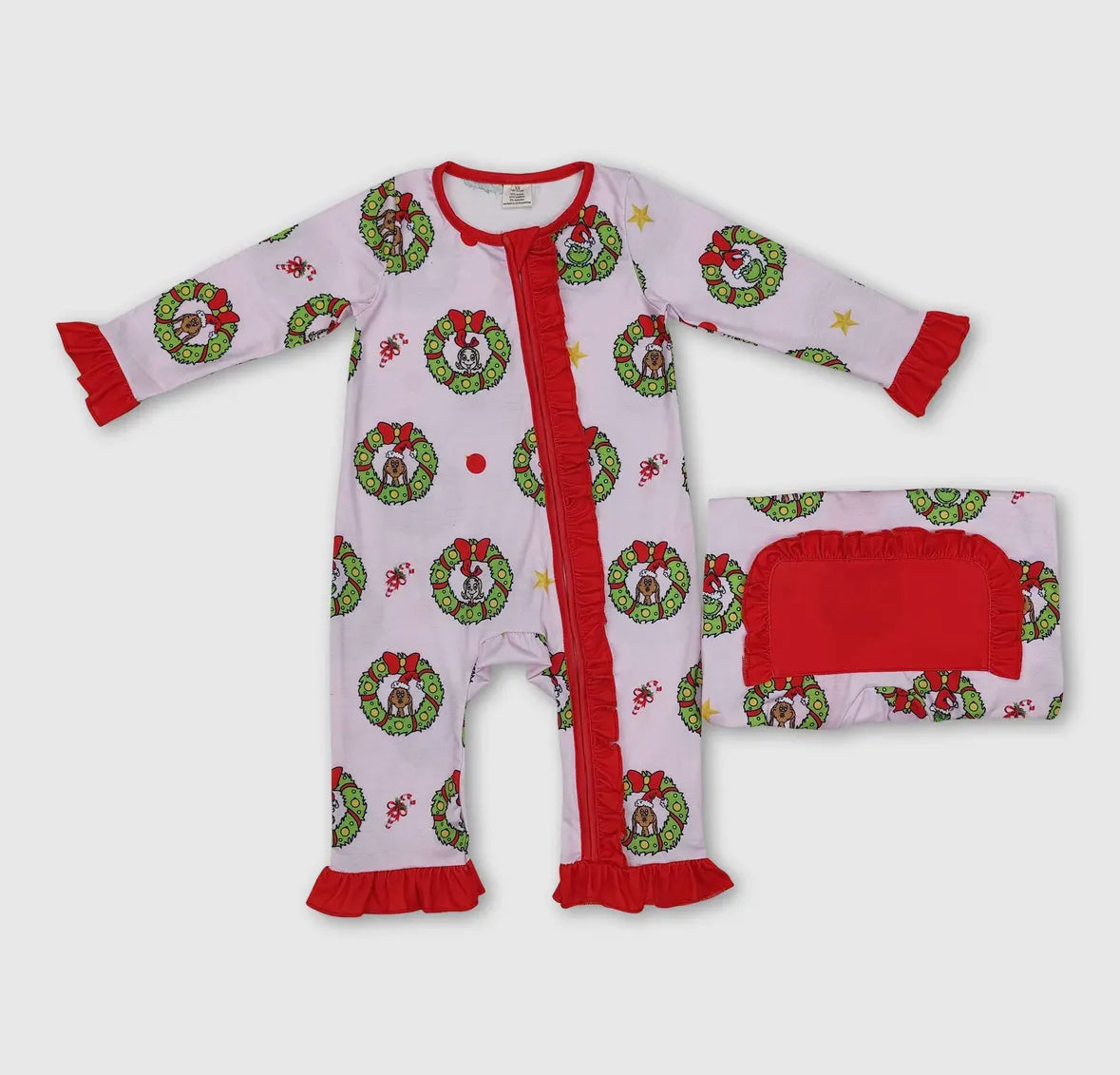 Green Guy Wreaths Ruffle Zipper PJ's