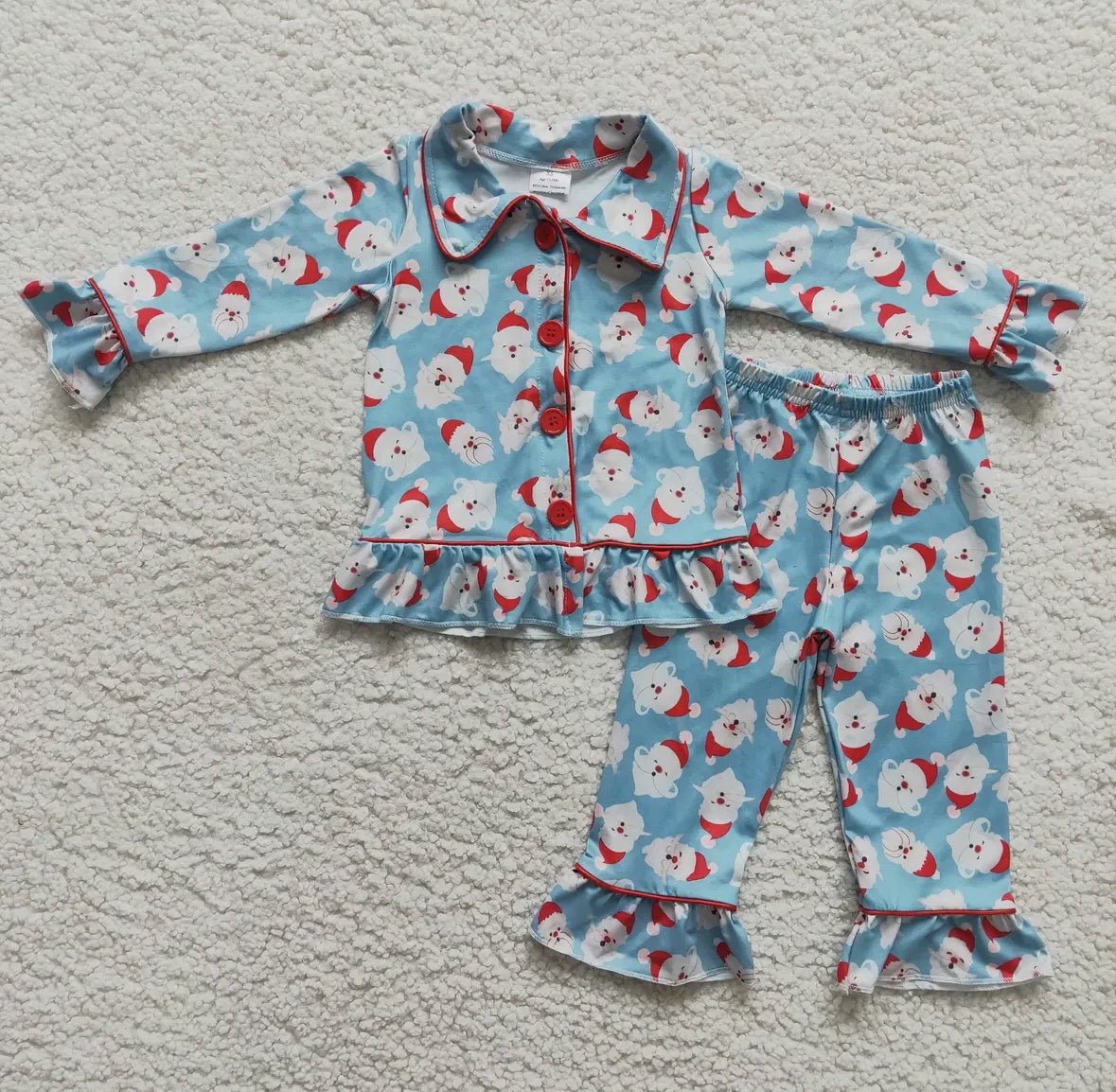 Blue Santa Christmas Ruffle Two Piece PJ Set