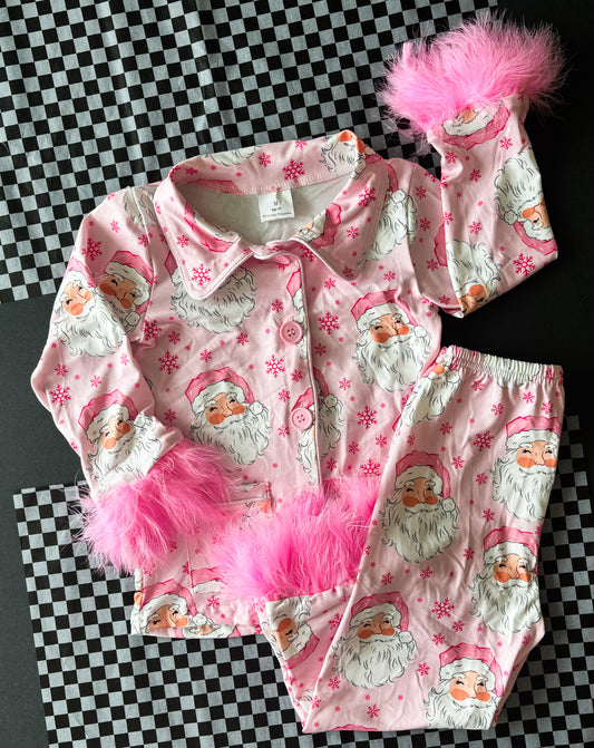 Pink Santa Fur Sleeve Mommy & Me 2 Piece PJ's