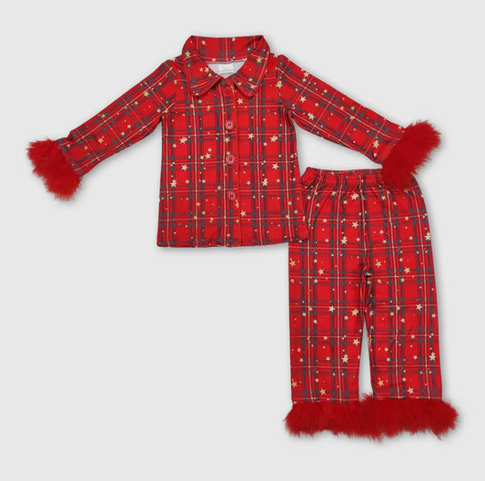 Red Plaid Fur Sleeves Button Down 2 Piece PJ's