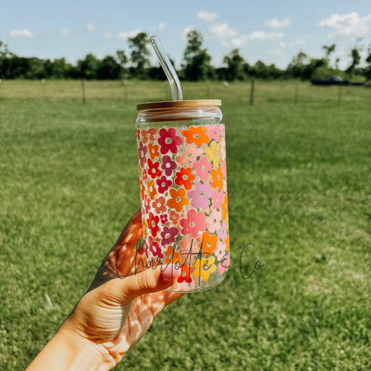 Floral 16oz Glass Cup W/ Straw