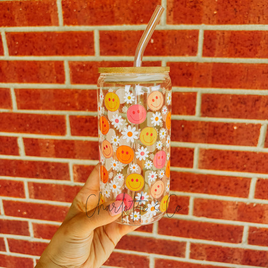 Floral Smiley 16oz Glass Cup W/ Straw