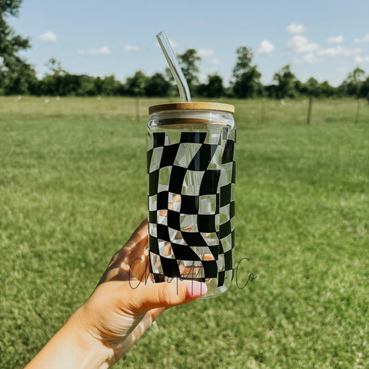 Black Checkered 16oz Glass Cup W/ Lid